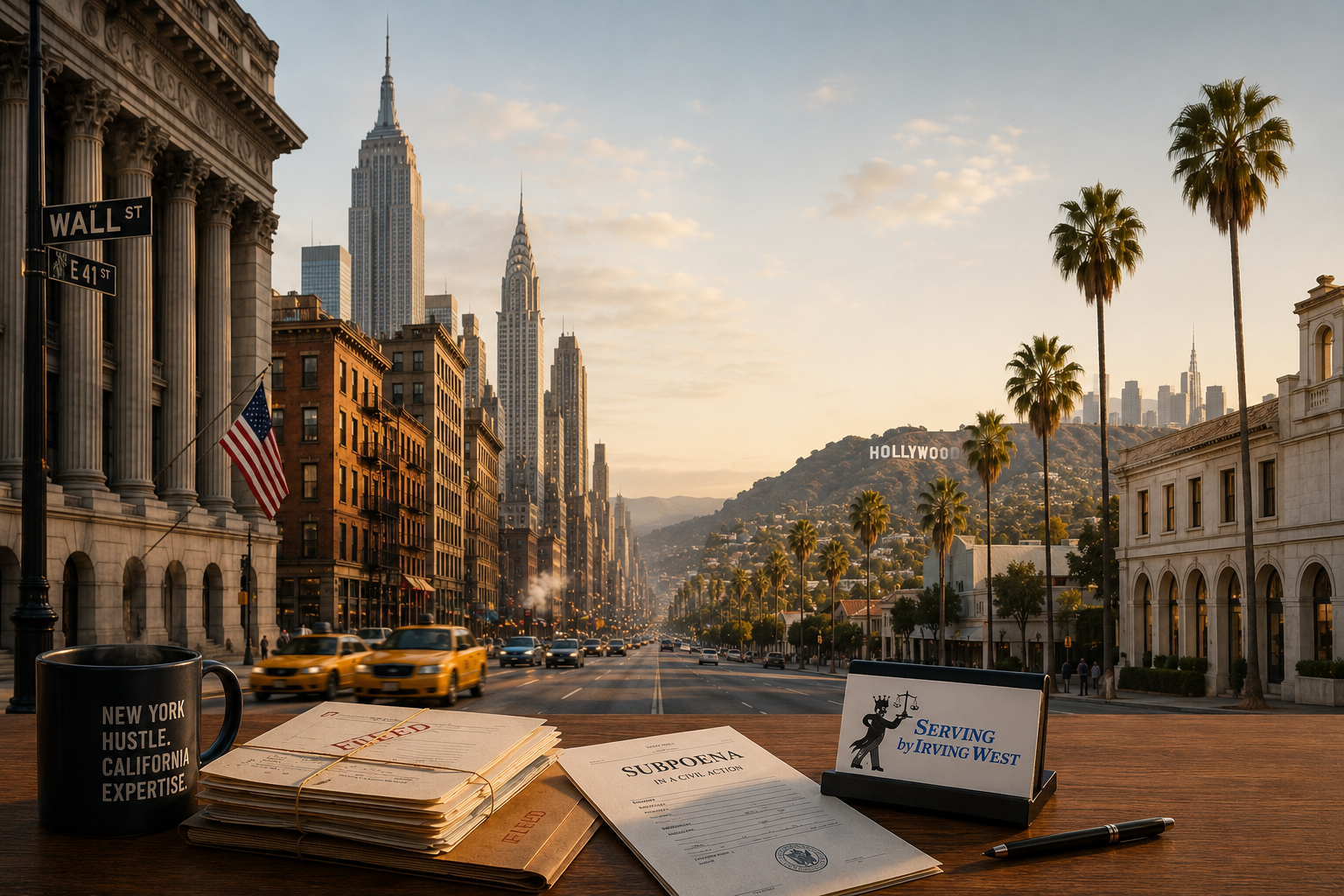 Serving by Irving West briefcase on a desk with subpoena and case files, NYC skyline and LA palms with Hollywood sign in the background