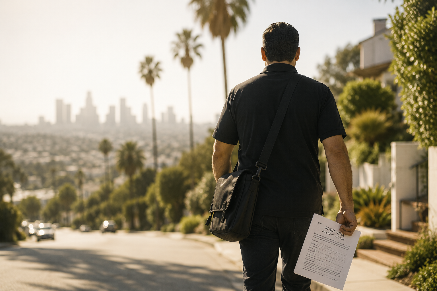 Process server walking a Los Angeles hillside street toward the downtown skyline, subpoena in hand